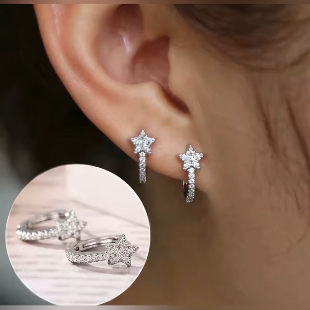 18K White Gold Plated Diamond Star Huggie Hoop Earrings Set Bohemian Celestial